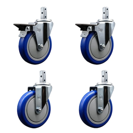 Service Caster 5'' Blue Polyurethane Wheel Swivel 3/4'' Square Stem Caster Set 2 Brakes, 4PK SCC-SQ20S514-PPUB-BLUE-PLB-34-2-S-2